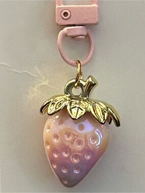 Pink Strawberry Bag Charm Zipper Pull with Gold-Tone Leaf NWT